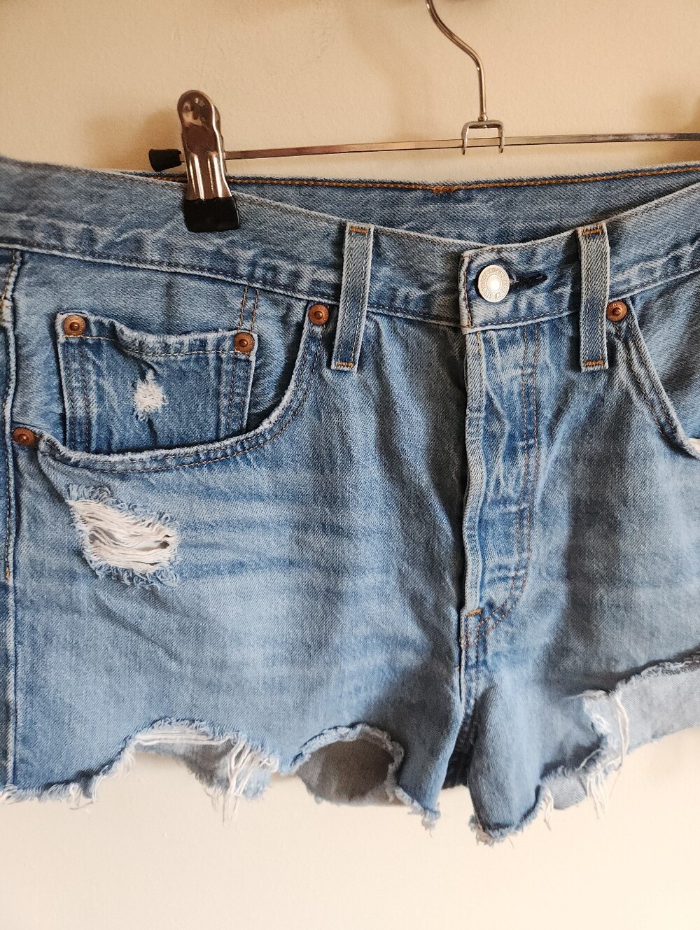 501 Levis Buttom Fly Shorts Micro Checky Denim Cotton Distressed Medium Large 30 - Picture 5 of 10